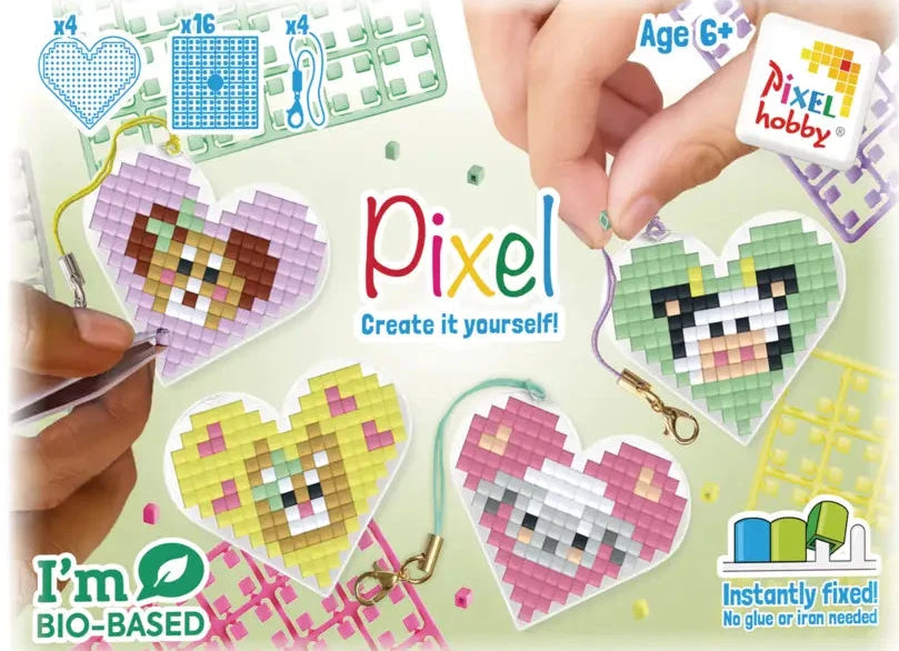 Pixel Medallion Keychain 4 Pack Heart Shaped - Animals 25008